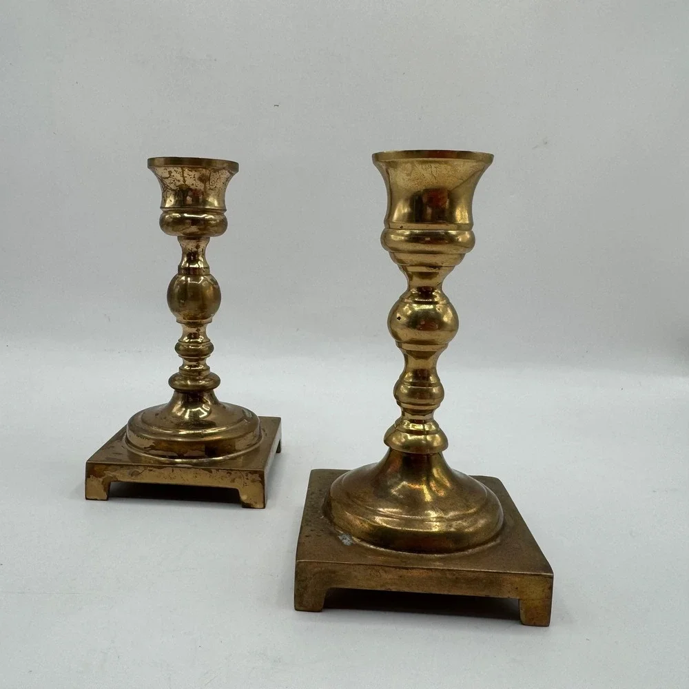 Brass Candlestick Holders Set‎ of 2 Gold Square Base Vintage Style 6.5